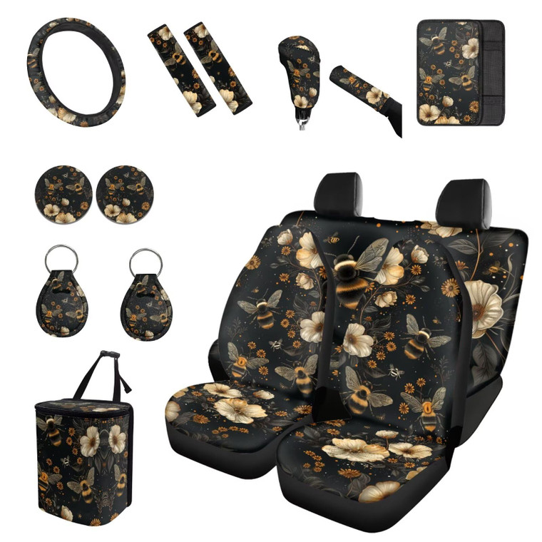 Forchrinse Bee Flower Car Front Back Seat Covers with Steering Wheel Cover,Seat Belt Pads Gear Shift Knob Handbrake Cushion Cup Holder Trash Can for
