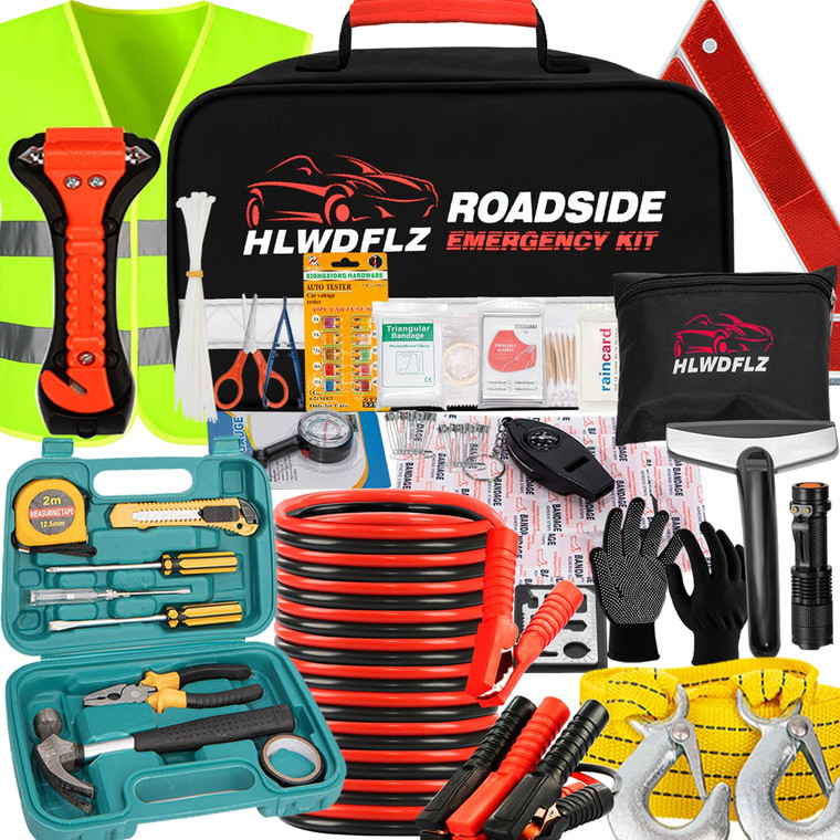 HLWDFLZ Car Roadside Emergency Kit,with13FT Jumper Cables,Winter Traveler Safety Emergency Kit with Blanket Shovel Triangle First Aid Kit for SUV RV