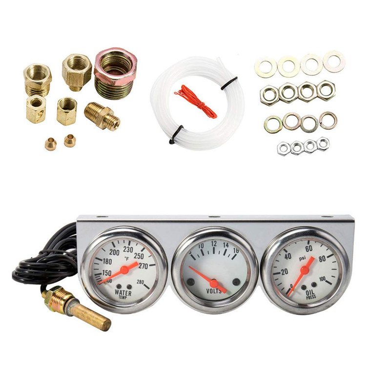 Abizarch Triple Gauge Kit, 3 in 1 Car Oil Volt Water Gauge, Chrome Housing, White Face, Red Needles, 51mm Size, 100-280F Water Temp, 8-16V Volts, 0-1