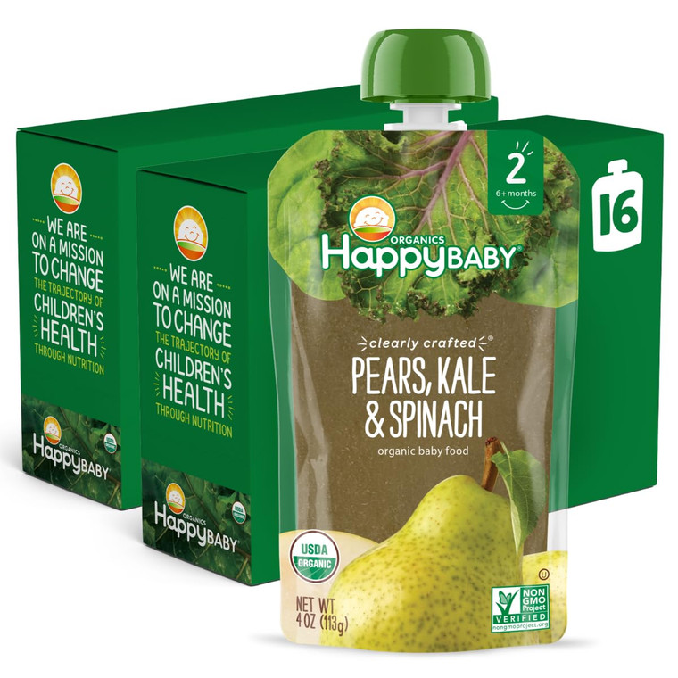 Happy Baby Organics Stage 2 Baby Food Pouches, Gluten Free, Vegan & Healthy Snack, Clearly Crafted Fruit & Veggie Puree, Pears, Kale & Spinach, 4 Oun