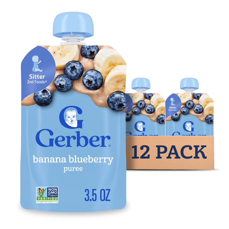 Gerber Stage 2 Baby Food, Banana Blueberry Puree Pouch, 2 Servings of Fruit, No Added Sweetener, No Artificial Colors or Flavors, 12-Pack