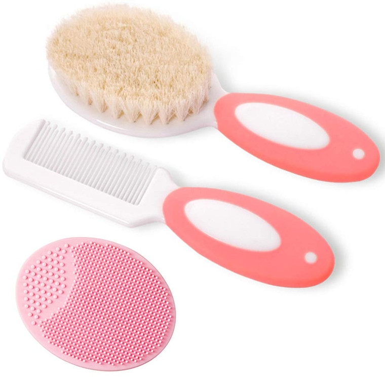 Baby Hair Brush and Comb Set for Newborns & Toddlers?Natural Soft Bristles?Ideal for Cradle Cap? Baby Registry Gift (Pink)