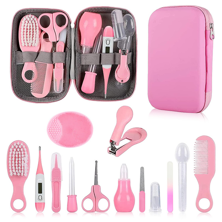 Baby Grooming Kit, Infant Safety Care Set with Hair Brush Comb Nail Clipper Nasal Aspirator,Baby Essentials Kit for Newborn Girls Boys (Pink Baby Gro