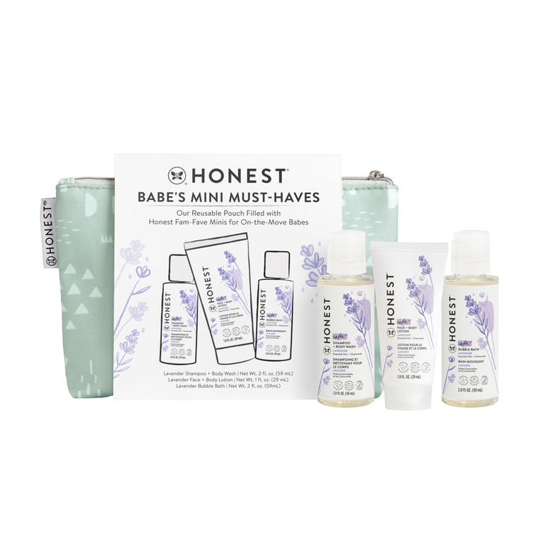 The Honest Company Babe's Mini Must Haves Gift Set Travel Size Hypoallergenic Lavender Bathtime Essentials Shampoo Body Wash (2 fl oz) Face Lotion (1