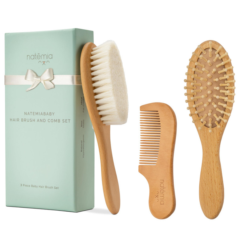 Natemia Wooden Baby Hair Brush & Comb Set - Pack of 3, Oval - Natural Goat Hair Bristles & Soft Bristle Brush - Gentle Scalp Massage & Cradle Cap Com