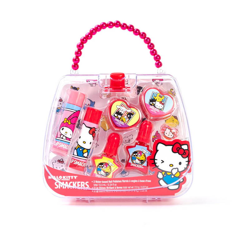 Lip Smacker Hello Kitty Nail Polish & Flavored Lip Balm Makeup Tote - Moisturizing Balms, Colorful Nail Polishes, Sanrio Accessory Ring, Stylish Tote