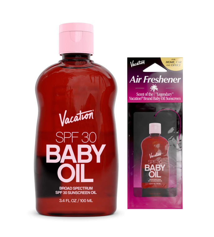 Vacation Baby Oil SPF 30 & Air Freshener Bundle, Hydrating & Nourishing, Mineral-Oil Free, Lightweight Formula, Transparent On All Skin Tones, Travel