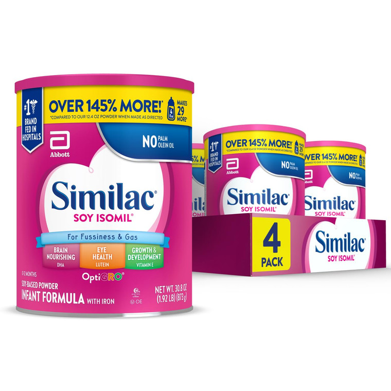 Similac Soy Isomil Infant Formula, for Fussiness & Gas, Plant-Based Protein, Infant Formula Powder, 30.8-oz Value Can, Pack of 4