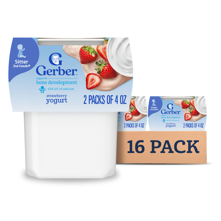 Gerber Stage 2 Baby Food, Strawberry Yogurt Tubs, Calcium Helps Support Bone Development, Baby Yogurt, 2 Count 4oz (Pack of 8)