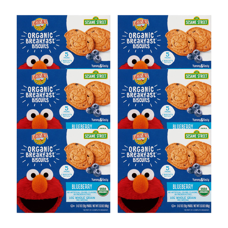 Earth's Best Organic Kids Snacks, Sesame Street Toddler Snacks, Organic Breakfast Biscuits for Kids 2 Years and Older, Blueberry, 5 Packs of 2 Biscui