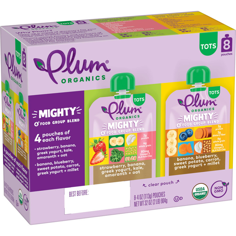 Plum Organics Variety Pack, 12+ Months - Mighty 4 Food Group Blend - Organic Fruit and Veggie Toddler Food Pouches - 4 oz Pouch (Pack of 8)