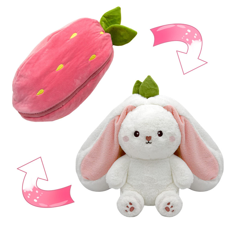 YOUBLEK Bunny Stuffed Animal,Strawberry Reversible Cuddle Bunny Plush Doll with Zipper Cute Soft Rabbit Toys Pillow for Kids and Adults Easter Bunnie