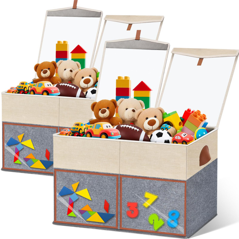 LVGOATH 2 Pack Large Toy Storage Box with Clear Lids Collapsible Toy Organizer Chest with Adjustable Dividers Kids Storage Bin Basket for Boys Girls