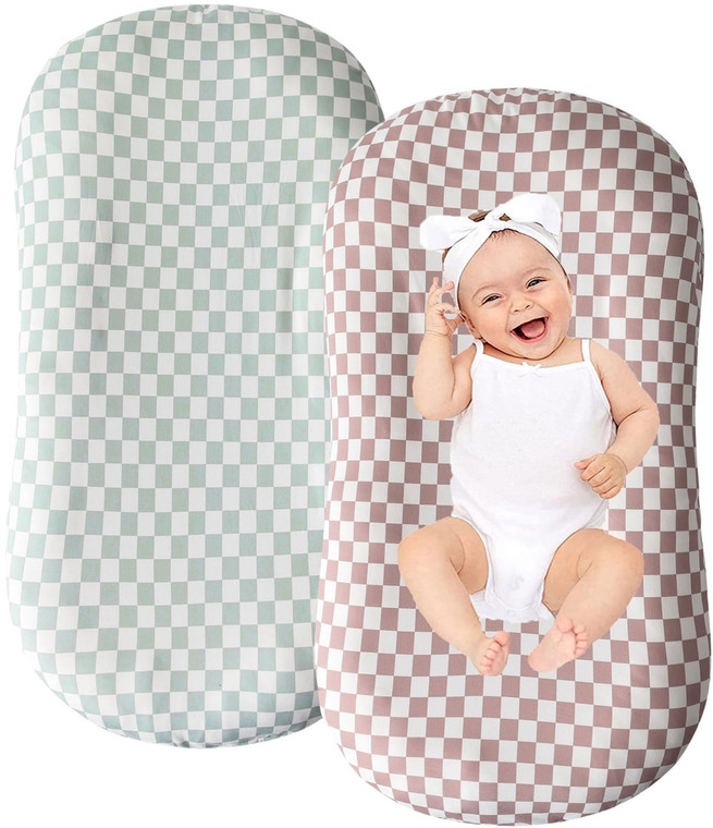Little Jump Cotton Baby Lounger Covers, 2 Pack, Soft Removable Slipcovers for Newborn Infant Lounger, for Girls Boys, Coffee Checkered (Coffee & Gree