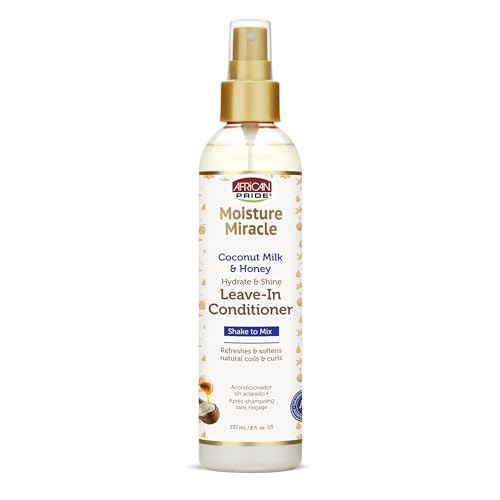 African Pride Moisture Miracle Leave-In Conditioner Spray with Coconut Milk & Honey, Hydrates & Shines Coils & Curls, 8 Oz