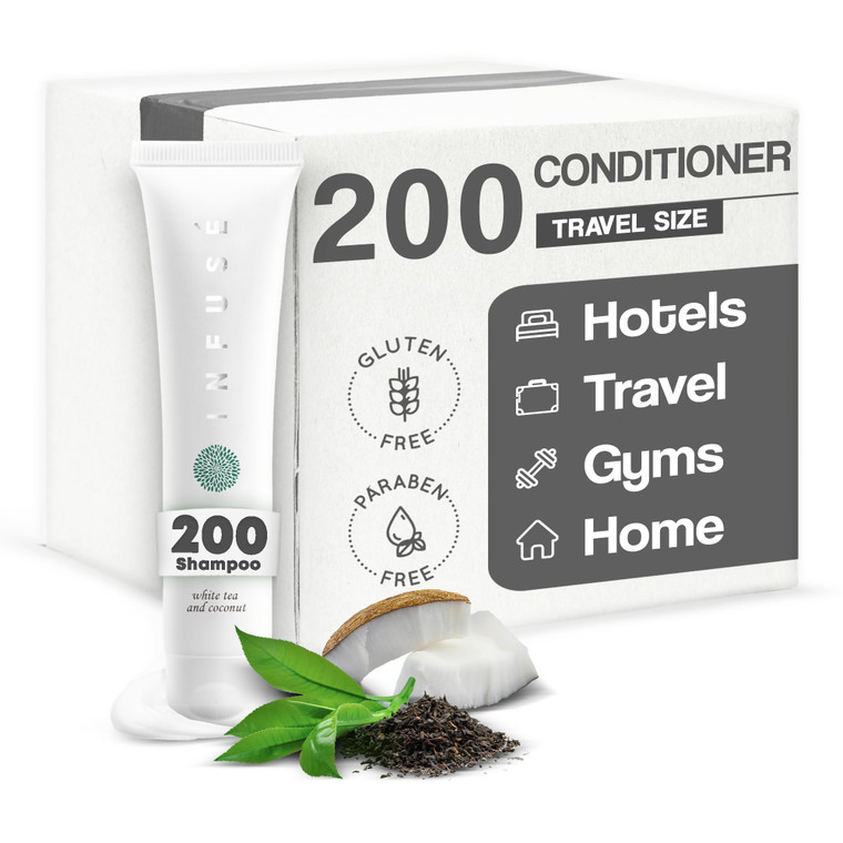 Travel Size Hotel Conditioner 200 Count 1 oz Bottles Guest Amenities for Hotels Vacation Rentals and Short Term Rentals Paraben Free White Tea and Co