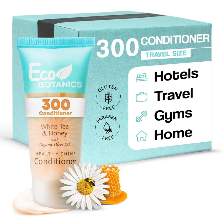 Eco Botanics Travel Size Hotel Conditioner 300 Count 0.85oz Bottles Guest Amenities for Vacation Rentals & Short Term Rentals Paraben Free White Tea