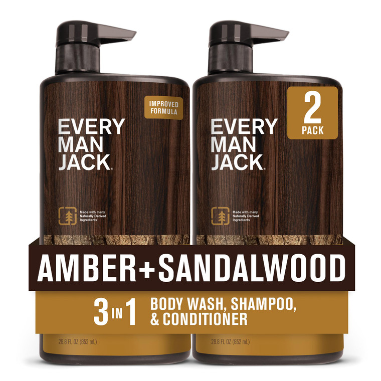 Every Man Jack Amber + Sandalwood Hydrating Mens 3-in-1 All Over Wash for All Skin and Hair Types - Body Wash, Shampoo and Conditioner with Naturally