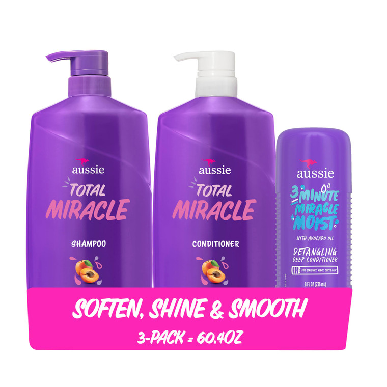 Aussie Total Miracle Hair Care Bundle: Shampoo, Conditioner, and 3 Minute Deep Treatment with Apricot & Macadamia Oil, Paraben-Free for Damaged Hair,