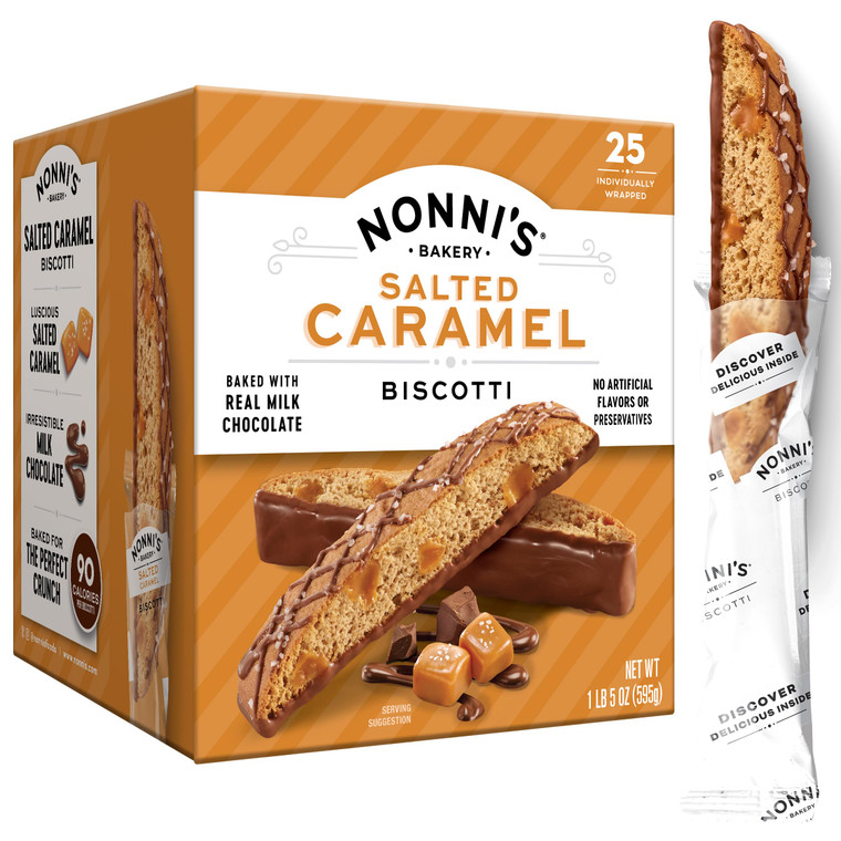 Nonni's Salted Caramel Milk Chocolate Biscotti Cookies  Individually Wrapped Italian Coffee Snack, Crunchy Twice-Baked, 90 Cal Each, 21 oz Carton