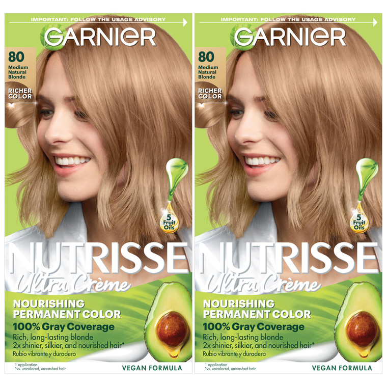Garnier Nutrisse Ultra Crème Hair Color, Permanent Hair Dye with 100% Gray Coverage, Vegan & Cruelty-Free, 80 Medium Natural Blonde (Butternut), 2 Co