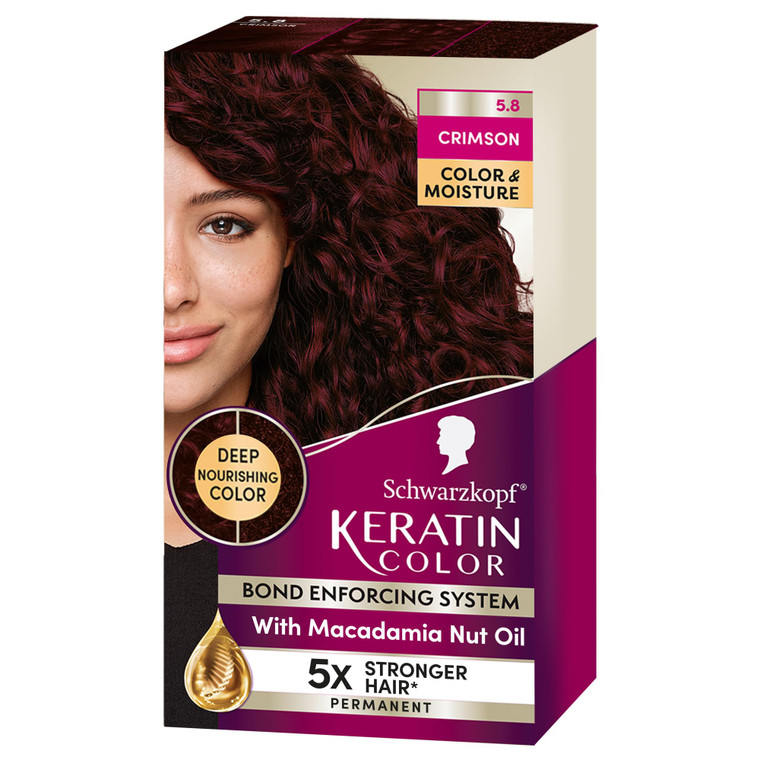 Schwarzkopf Keratin Color Permanent Hair Dye Cream, 5.8 Crimson, 1 Application - Professionally Inspired Hair Color Enriched with Keratin and Macadam