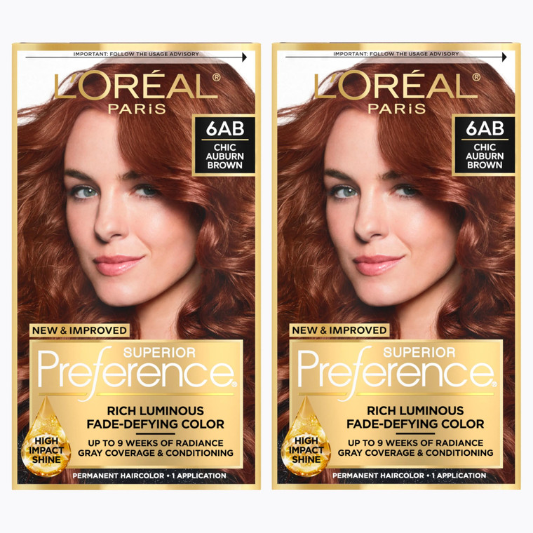L'Oreal Paris Superior Preference Luminous Fade-Defying Permanent Hair Color, Hair Dye For Up to 9 Weeks of Radiance, Chic Auburn Brown 6AB, 1 Hair D