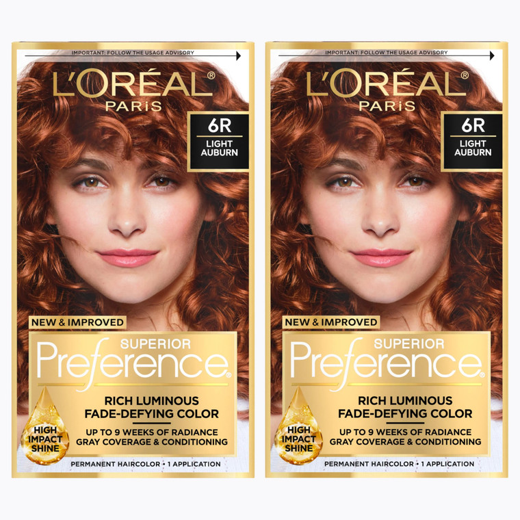 L'Oreal Paris Superior Preference Luminous Fade-Defying Permanent Hair Color, Hair Dye For Up to 9 Weeks of Radiance, Light Auburn 6R, 1 Hair Dye Kit