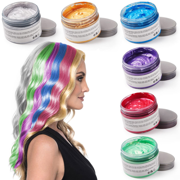 6 Colors Hair Color Wax, 6 in 1 Sliver Blue Purple Gold Green Pink Red, Temporary Hair Color for Party, Cosplay, Date, Halloween