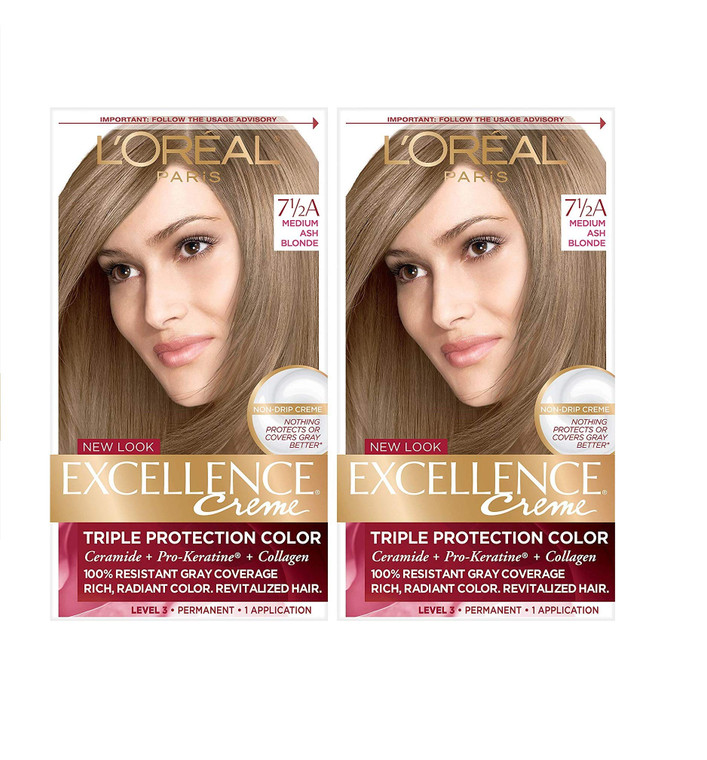 L'Oreal Paris Excellence Crème Permanent Hair Dye, Triple Care Hair Color with Pro-Keratine Complex for 100% Gray Hair Coverage, 7.5A Medium Ash Blon