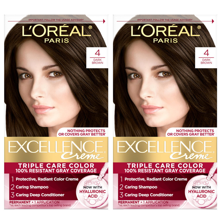 L'Oreal Paris Excellence Crème Permanent Hair Dye, Triple Care Hair Color with Pro-Keratine Complex for 100% Gray Hair Coverage, 4 Dark Brown, 1 Kit