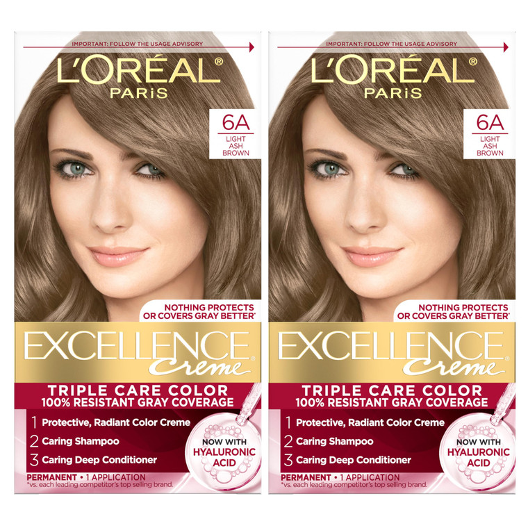 L'Oreal Paris Excellence Crème Permanent Hair Dye, Triple Care Hair Color with Pro-Keratine Complex for 100% Gray Hair Coverage, 6A Light Ash Brown,