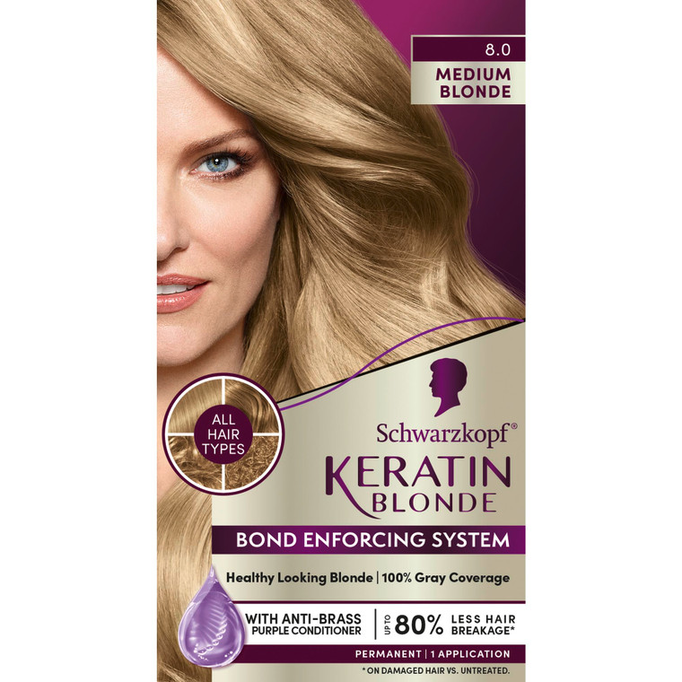 Schwarzkopf Keratin Blonde Hair Dye, 8.0 Medium Blonde, Professional Quality Permanent Hair Color, Bond Enforcing System, Pre-Color Serum & Purple Co