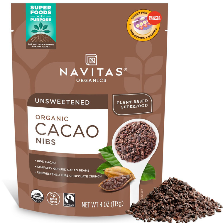 Navitas Organics Cacao Nibs  Unsweetened Dark Chocolate Crunch  Antioxidants, Minerals, Fiber  For Trail Mix, Baking & More  USDA Organic, Fairtr