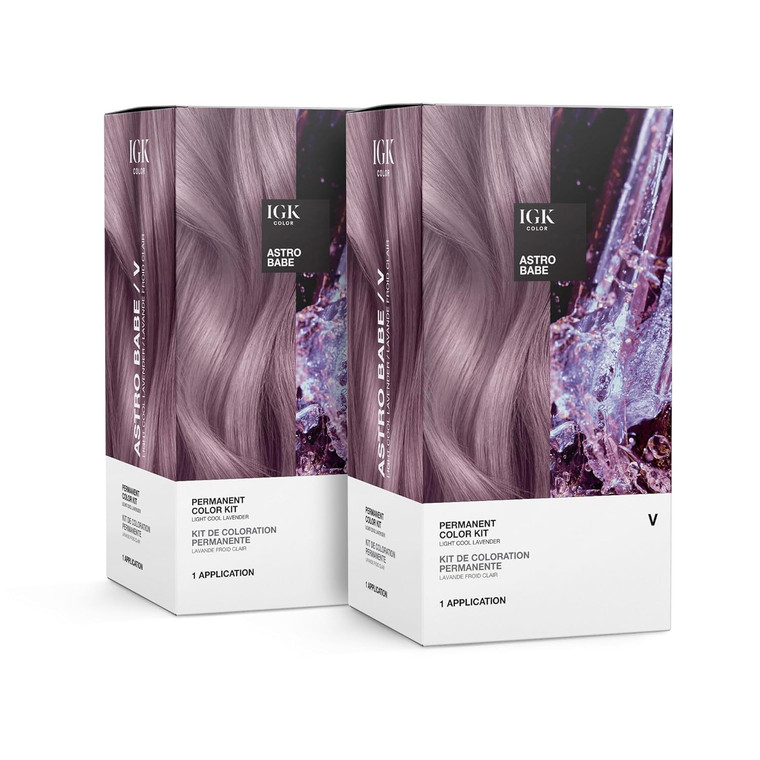 IGK Permanent Hair Dye Color Kit Set of Two | V Astro Babe - Light Cool Lavendar | 100% Gray Color Coverage + Strengthen + Shine | Ammonia Free