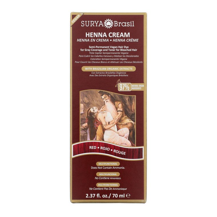 Surya Brasil Henna Cream Red - 97% Natural Ingredients, Vegan, Cruelty-Free, Eco-Friendly, Semi-Permanent Hair Color, Deep Hydration & Shine, 2.37 oz