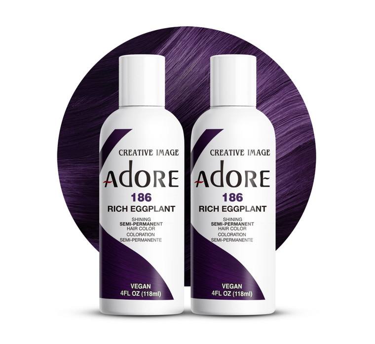 Adore Semi Permanent Hair Color (186 Rich Eggplant) (2 Pack) | Vegan & Cruelty-Free Purple Hair Dye | No Ammonia, No Peroxide, No Alcohol | 4 Fl Oz
