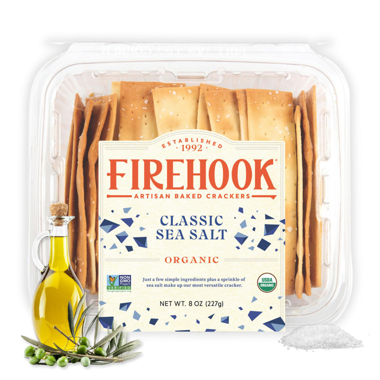 Firehook Sea Salt Crackers  Artisan Baked, Uniquely Crunchy, Baked with Simple Ingredients  Organic, Non-GMO, Kosher  8 oz Box