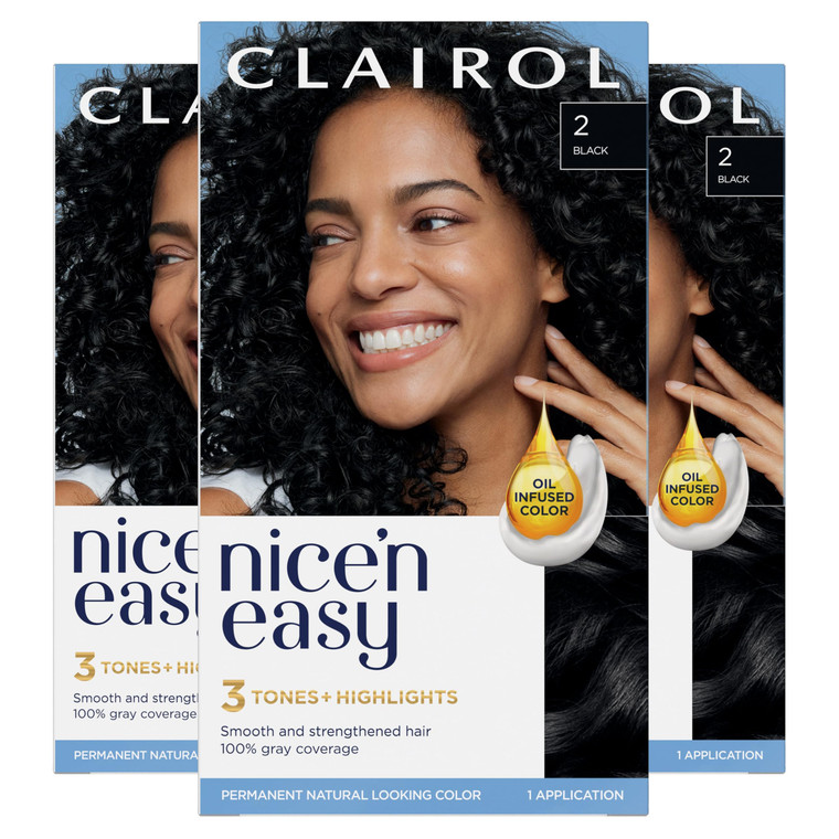Clairol Nice'n Easy Permanent Hair Dye, 2 Black Hair Color, Pack of 3
