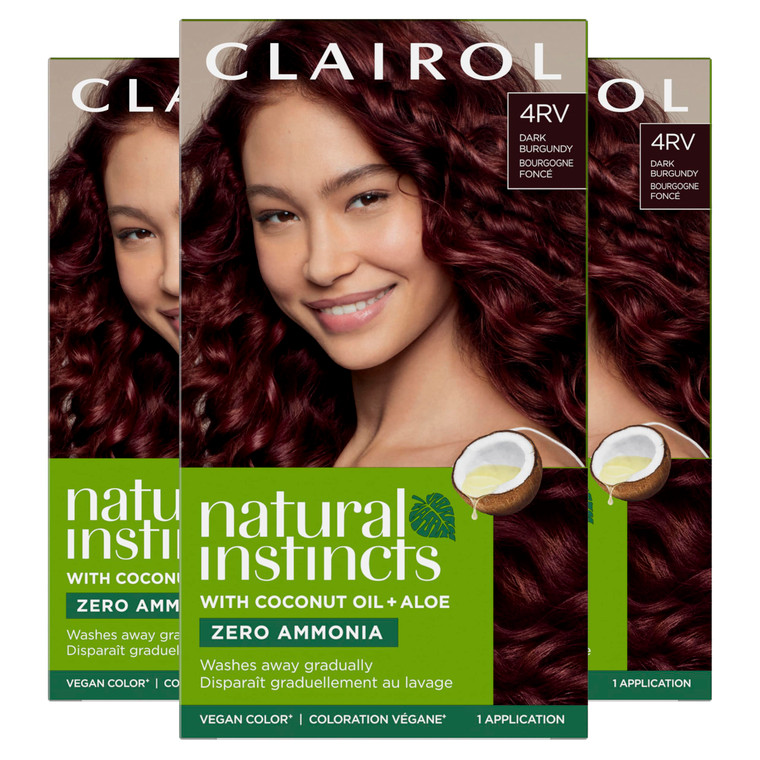 Clairol Natural Instincts Demi-Permanent Hair Dye, 4RV Dark Burgundy Hair Color, Pack of 3