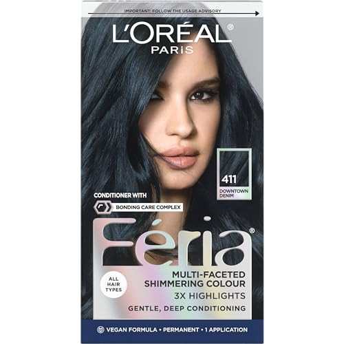 L'Oreal Paris Feria Multi-Faceted Shimmering Permanent Hair Color, 411 Downtown Denim, Pack of 1 Hair Dye Kit