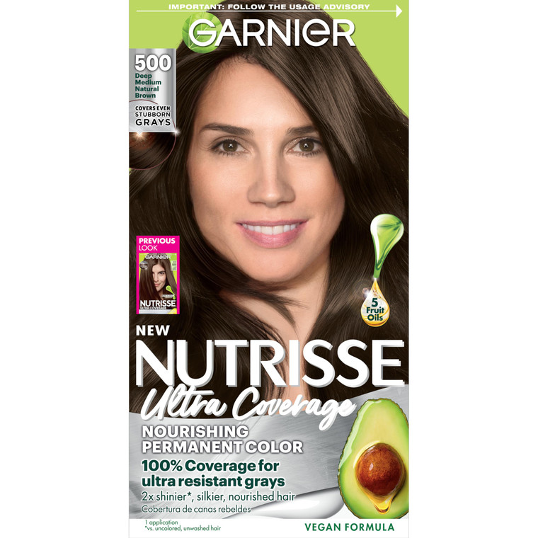 Garnier Hair Color Nutrisse Ultra Coverage Nourishing Creme, 500 Deep Medium Natural Brown (Glazed Walnut) Permanent Hair Dye, 1 Count (Packaging May