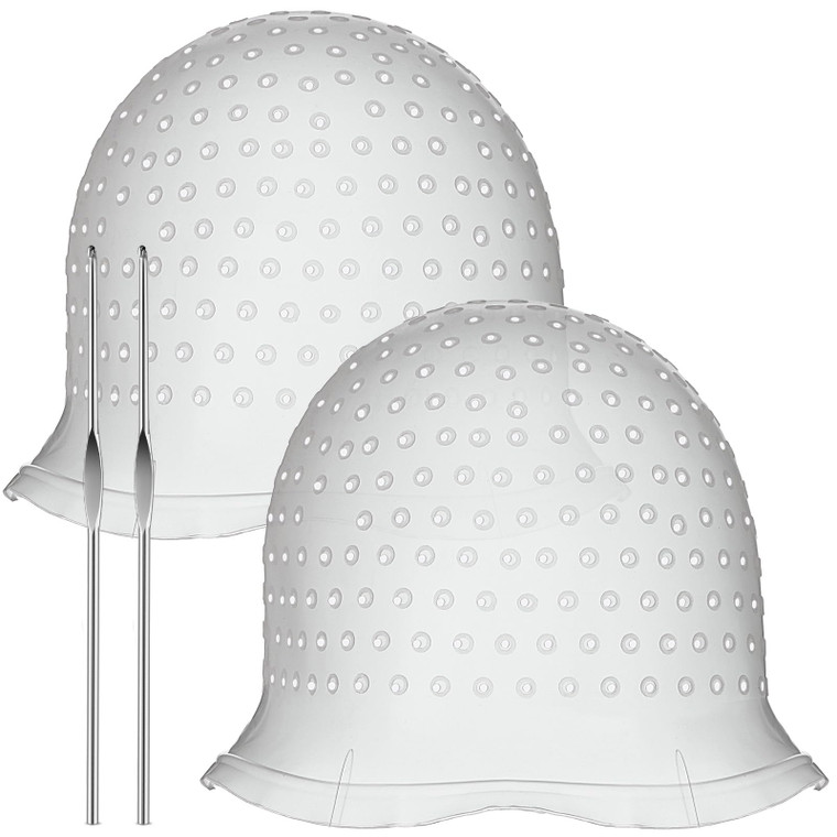 2 Pcs Hair Coloring Highlighting Cap Reusable Silicone Highlight Cap Pull Through Caps for Hair Coloring Frosting Cap with Hook Hair Dye Cap with Hol