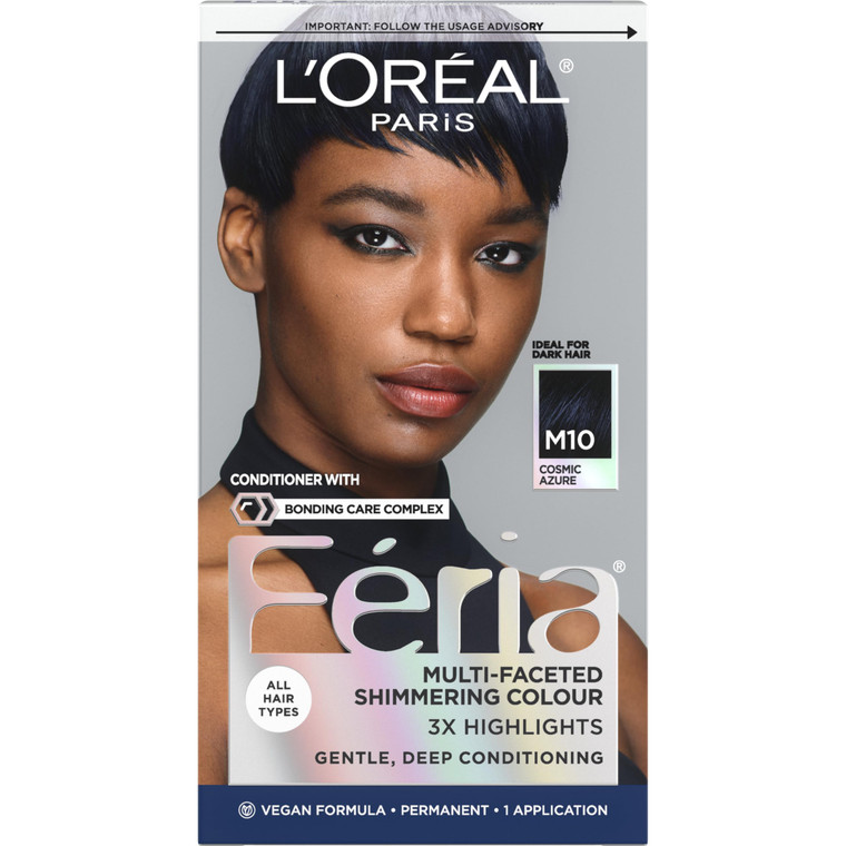 L'Oreal Paris Feria Midnight Bold Multi-Faceted Permanent Hair Dye, One-Step Hair Color Kit for Dark Hair, No Bleach Required, Cosmic Azure