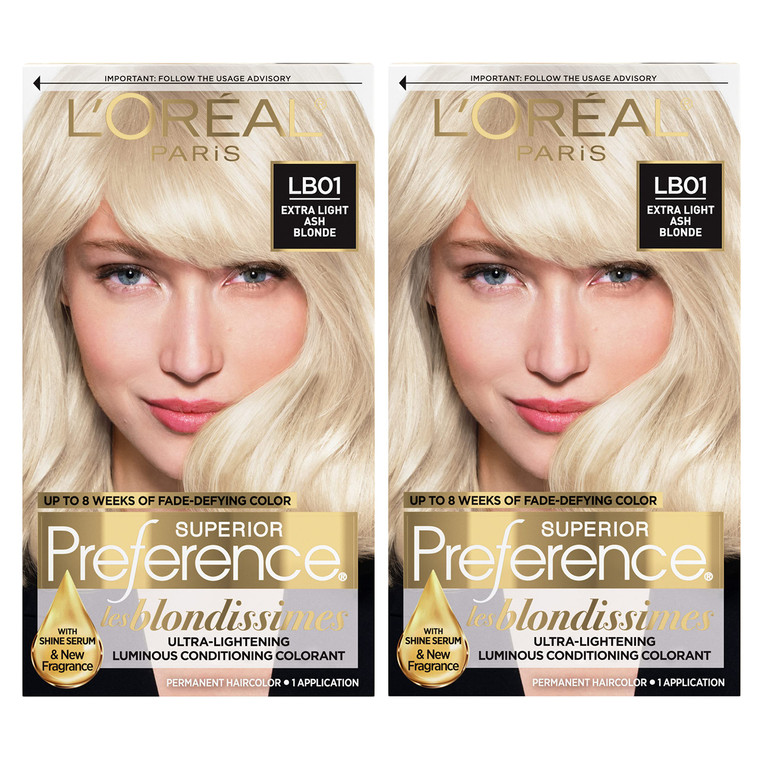 L'Oreal Paris Superior Preference Fade-Defying + Shine Permanent Hair Color, LB01 Extra Light Ash Blonde, Pack of 2, Hair Dye