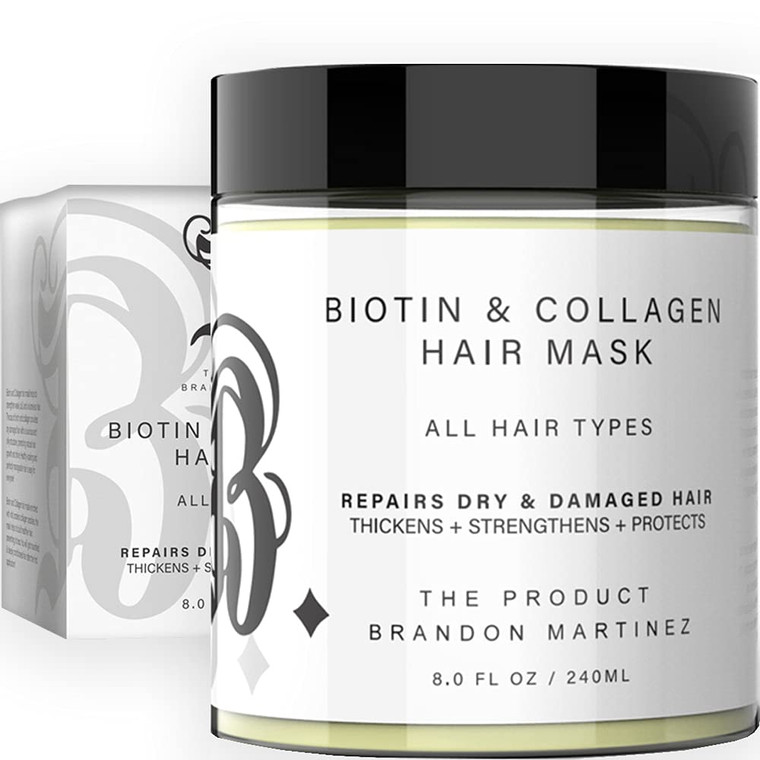 Brandon Martinez Biotin and Hydrolyzed Collagen Hair Mask for Dry & Damaged Hair, Aloe Vera, Avocado Oil, Vitamin E Oil 8oz
