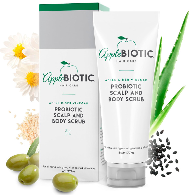 Applebiotic Scalp and Body Scrub - Body, Hair & Face Scrub with Sugar, Green Tea & Coconut Oil to clarify & remove product buildup, 6 oz
