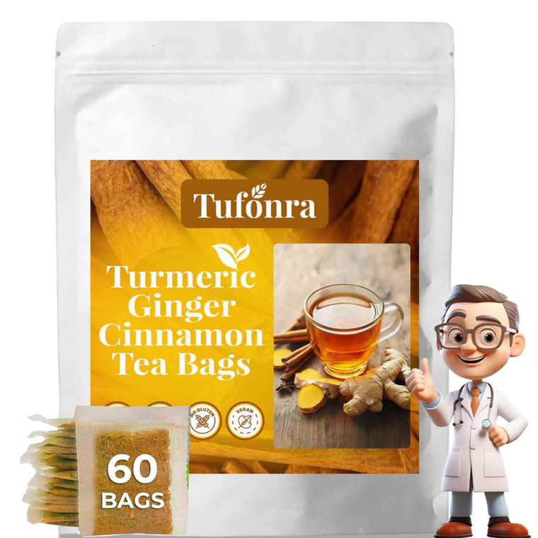 Premium Turmeric Ginger Cinnamon Tea Bags, Chicory and Gardenia Tea, Natural Ingredients Hand-made Blend, No Sugar, No Caffeine, No Gluten, Vegan (60