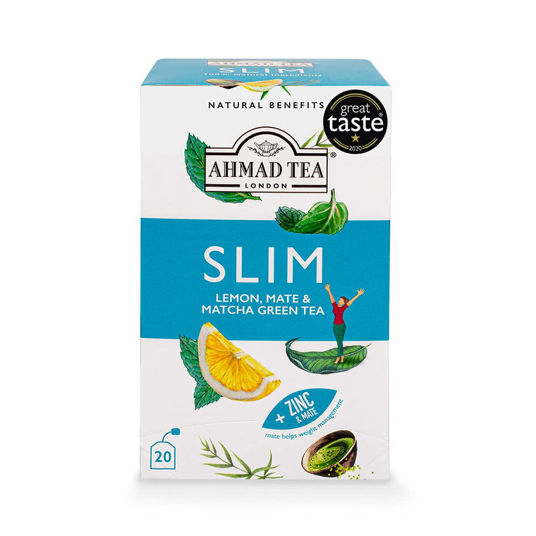 Ahmad Tea Green Tea, Lemon, Mate, & Matcha 'Slim' Natural Benefits Teabags, 20 ct (Pack of 1) - Caffeinated & Sugar-Free