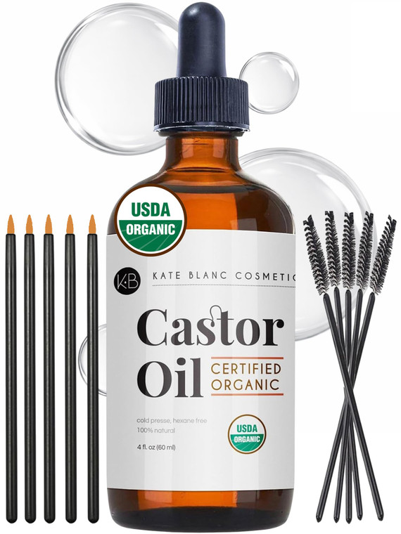 Kate Blanc Cosmetics Castor Oil Organic (4oz), 100% Pure, Cold Pressed, Hexane Free. Natural Oil for Hair, Eyelashes, Eyebrows. Skin Moisturizer with